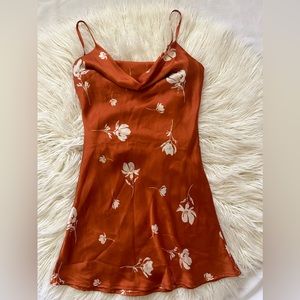 MISS LOLA rust orange cowl neck satin mini dress with flowers. Size Small